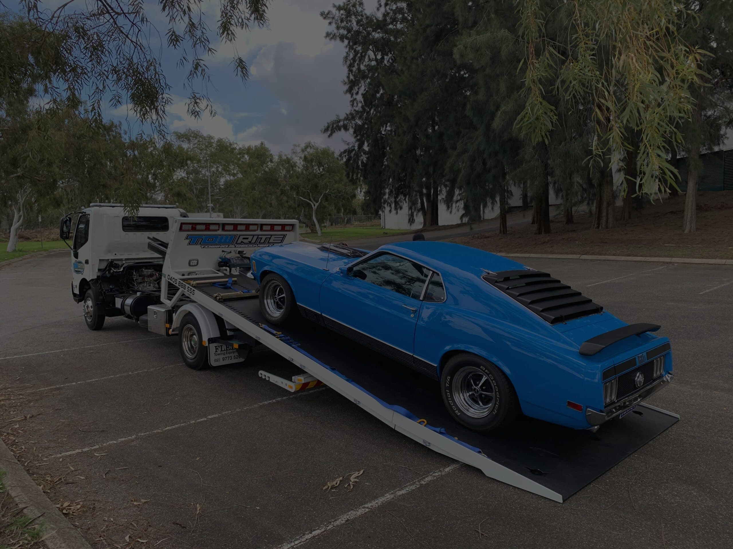 Classic Ford Mustang Mach 1 on Tow Rite flatbed — classic car towing Perth